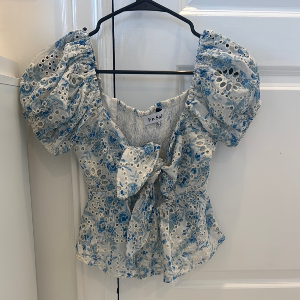 En Saison Blue Ruffled Peplum Blouse